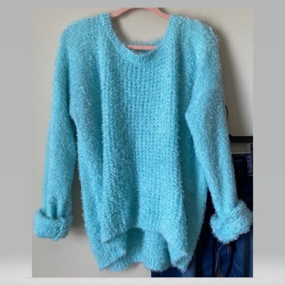 Turquoise Crew Neck Fluffy Sweater - Picture 1 of 3